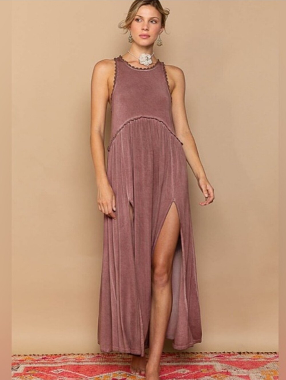 POL Baby Doll Crochet Cut Out Boho Mauve Wash Side Slit Maxi Dress Size Large